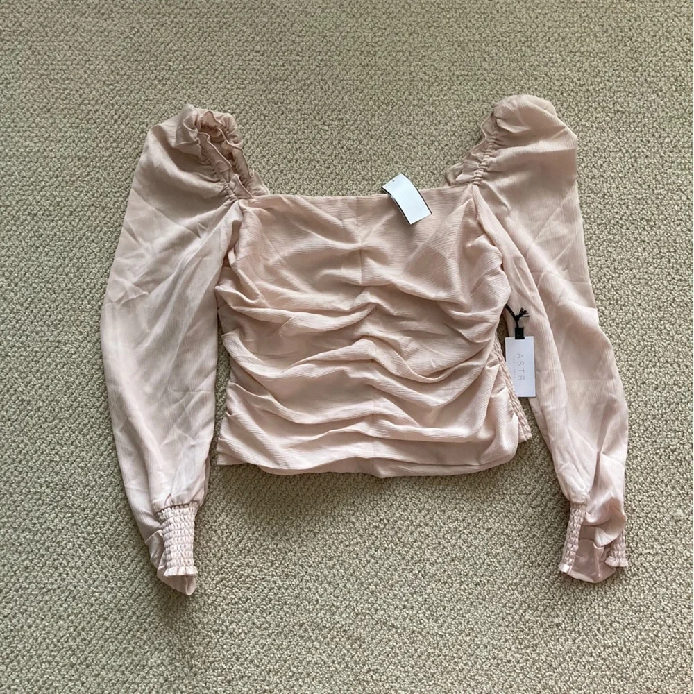 NEW ASTR The Label Puff Long Sleeve Blouse Off Shoulder Blush Sz XL Smocked NWT